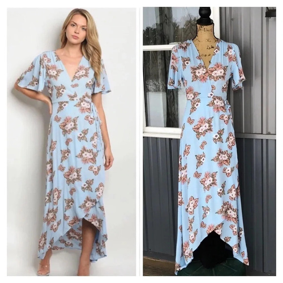 Blue Floral Print Wrap Dress - Picture 1 of 4